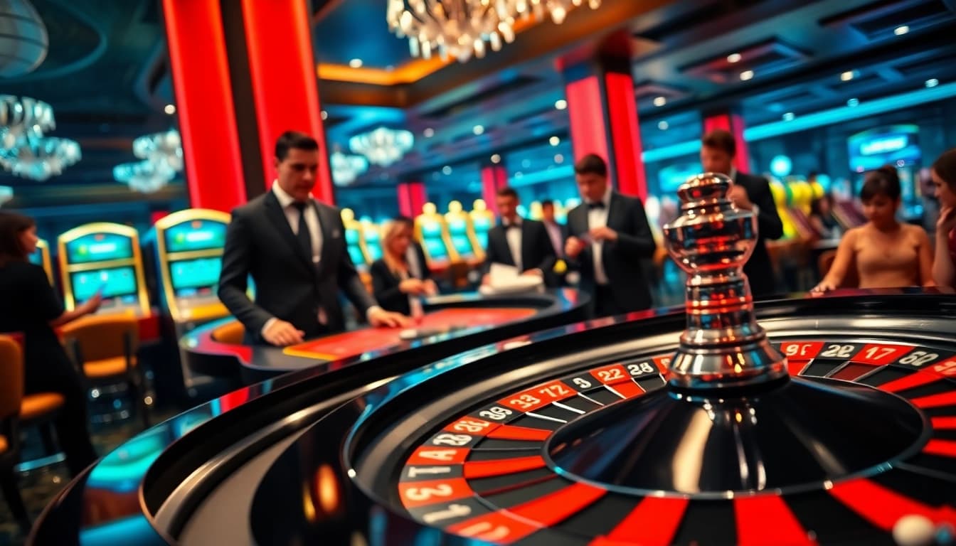 Excited gamblers placing bets at a luxury casino scene featuring roulette, invoking ee jl33 gaming strategy.