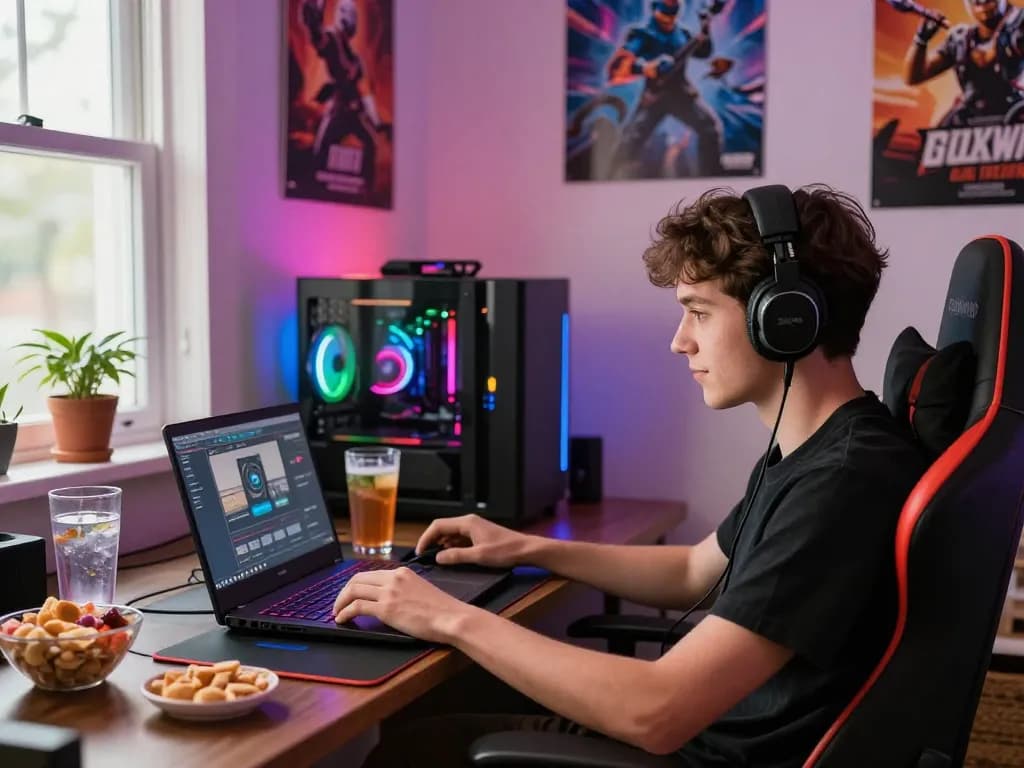 Engaging scene showing a player tải sunwin for an exciting online gaming experience with atmospheric lighting and snacks.