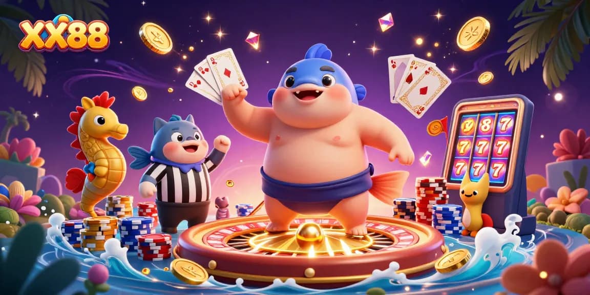 Engage in thrilling games at XX88 with vibrant animation of a sumo fugu and dynamic casino elements.