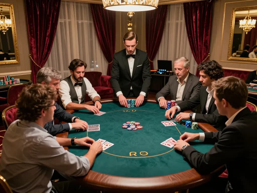 Engaged players at Nhà cái MAY88 high-stakes poker table in a sophisticated casino VIP room.