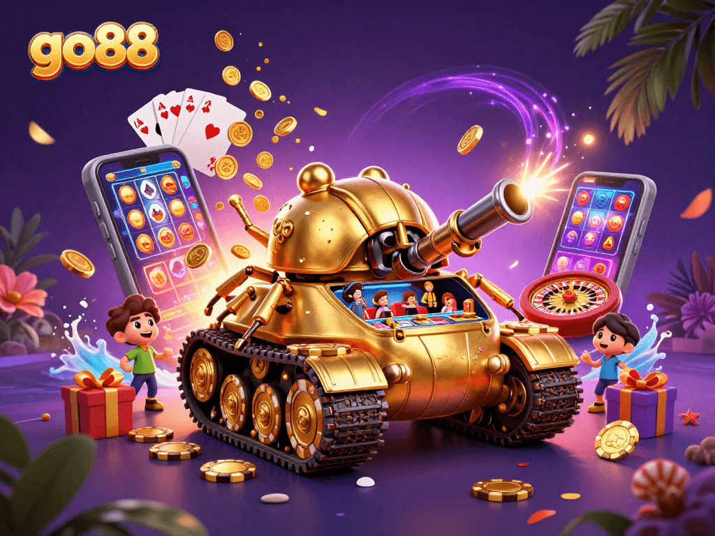 Go88's vibrant 3D illustration highlights a golden beetle tank revealing a miniature casino.