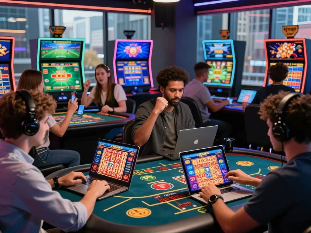 Players engaging in TR88 casino games on laptops and phones in a vibrant online gaming environment.