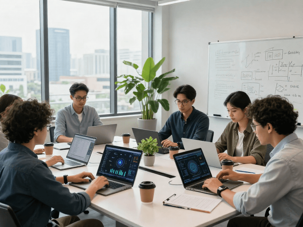 Innovative team collaborating on AI +18 technology in modern workspace