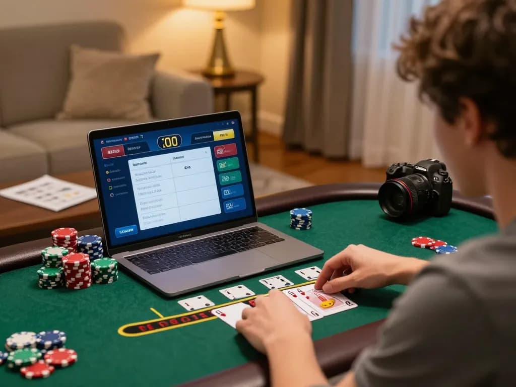 Player mastering blackjack strategy with fly88 online casino interface on laptop.