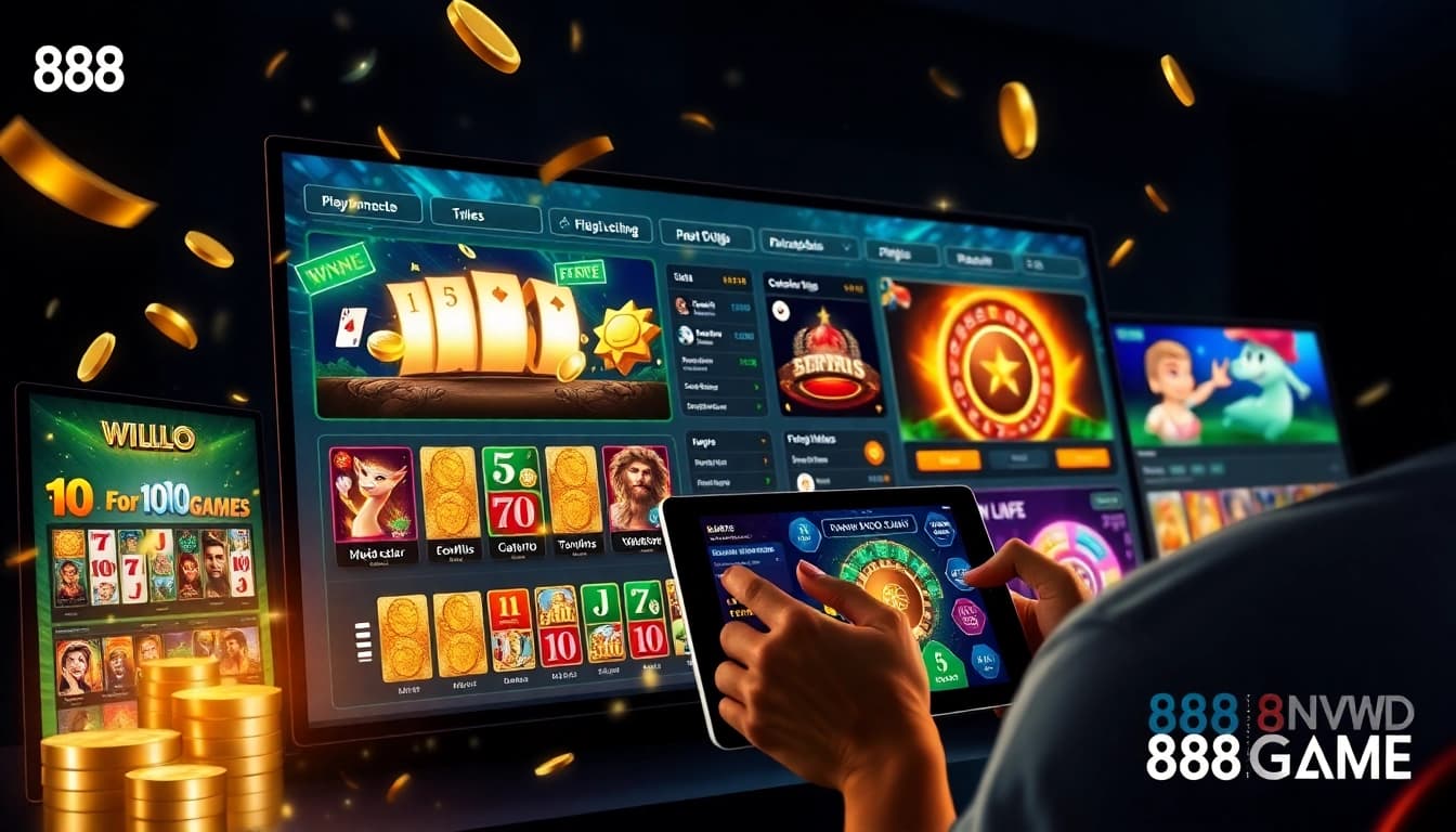 Experience the excitement of 888VND GAME with a modern online casino interface showcasing slots and poker.