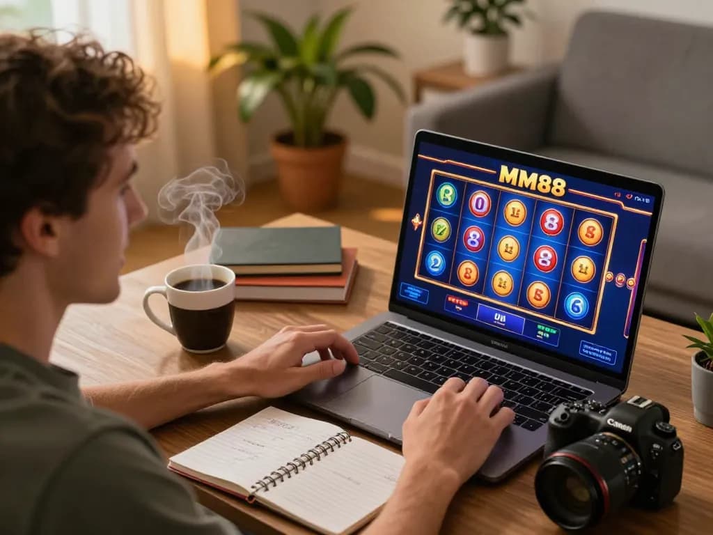 Engaging in MM88 online gaming at home with a laptop, showcasing vibrant slot reels in action.