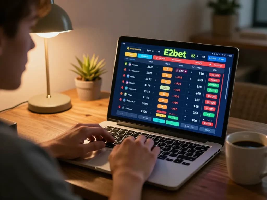 E2bet player placing bets online with a laptop in a cozy home setting.