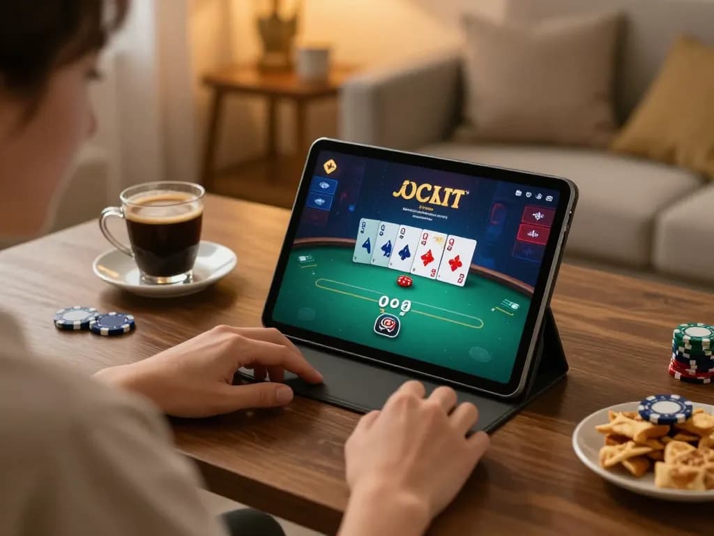 Person playing poker on tablet in cozy home setting, enhancing the nhacaiuytinn gaming experience.