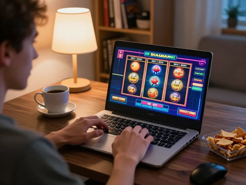 Player engaged in online gameplay at luck8mb in a cozy home setting with a vibrant casino interface.