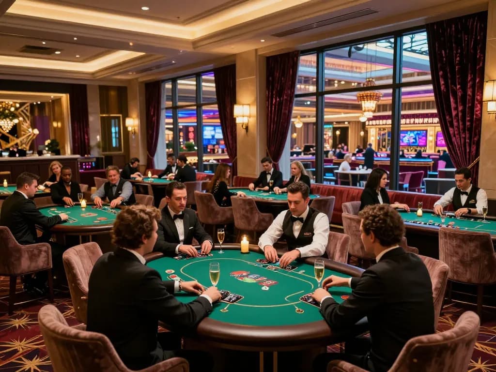Players engaging in high-stakes poker at a luxurious casino while enjoying the 1GOM gaming experience.