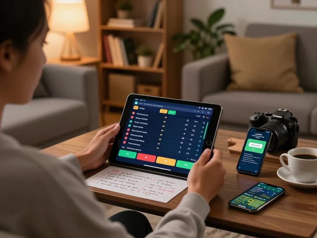 Engaging in online sports betting on https://7m.us.com/ using tablet at home with strategic notes and relaxed ambiance.