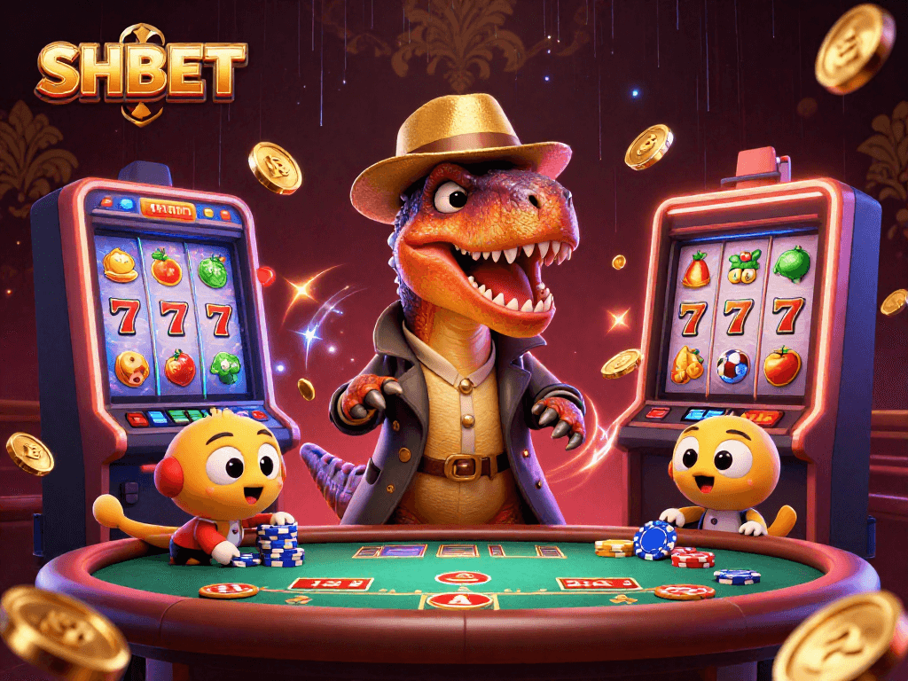 Engage with SHBET's thrilling blackjack experience illustrated with a cartoon velociraptor card counter.