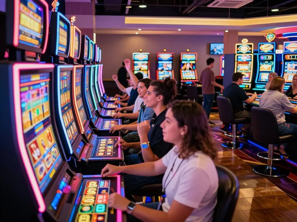 Players enjoying slot games at TR88 casino, vibrant lights create an exciting atmosphere