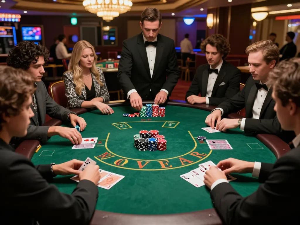 Engaging poker game scene at the casino highlighting strategic gameplay at trang chủ mb66 with colorful chips and focused players.