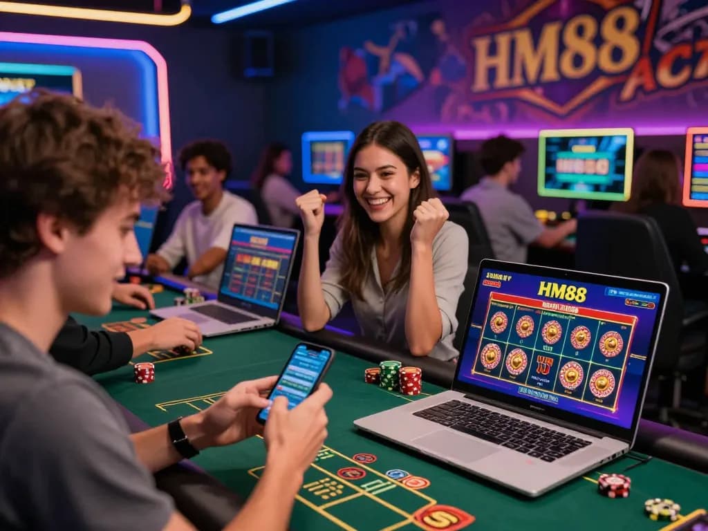 Exciting online gaming atmosphere with HM88 players celebrating their wins and engaging in betting activities.