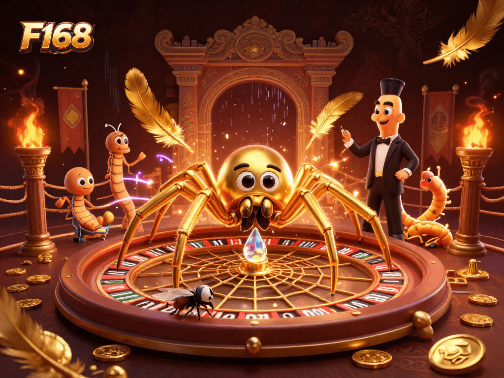 F168 brings excitement to the gaming world as a fly places bets nervously amidst a roulette web spun by a golden spider.