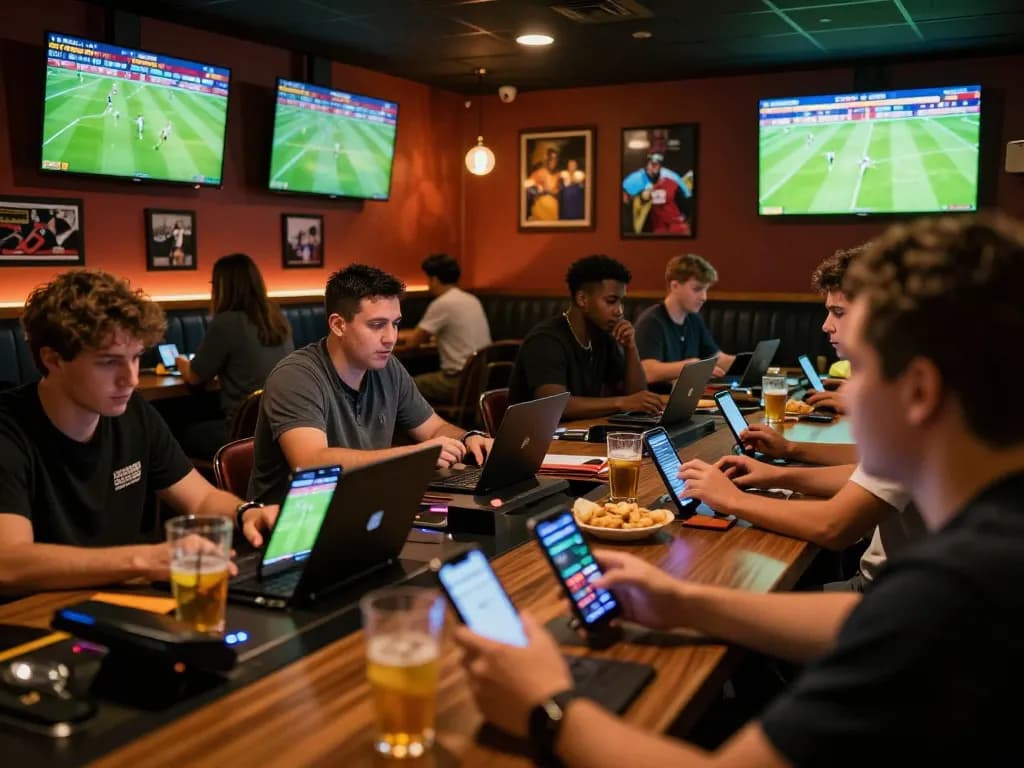 Kèo Nhà Cái Hôm Nay captures the excitement of sports betting as enthusiasts place wagers in a vibrant lounge.