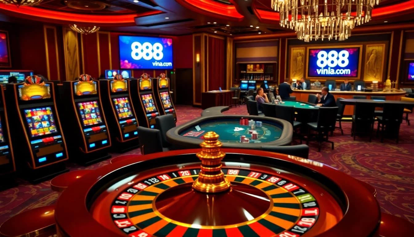 Experience the thrill of gambling at 888vina.com with a luxurious casino scene featuring roulette and poker.