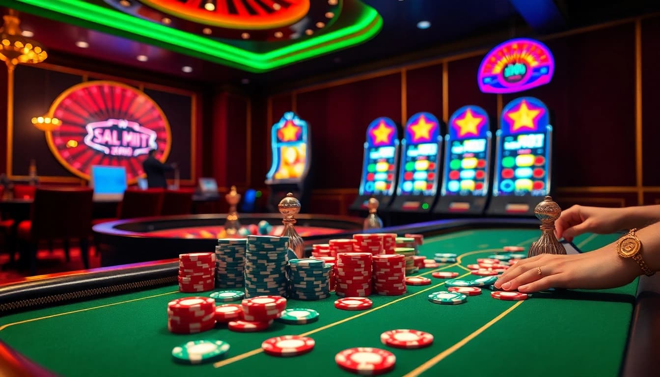 Engage in thrilling online gaming at aa888bet.us, featuring colorful poker chips and a vibrant casino atmosphere.