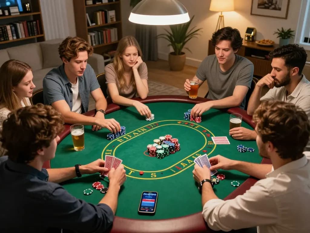 Friends enjoying a poker night at home, playing with chips while using the fly88mx app, creating a lively atmosphere.