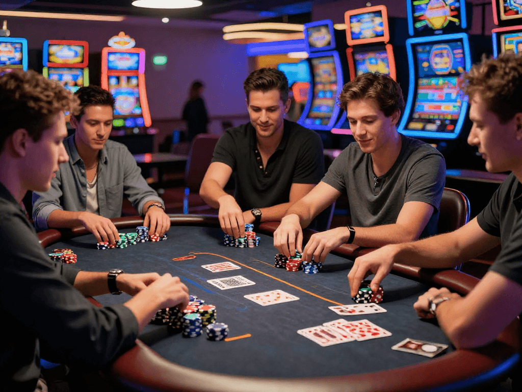 KOMBET168 poker game scene with friends showcasing vibrant casino atmosphere and excitement.