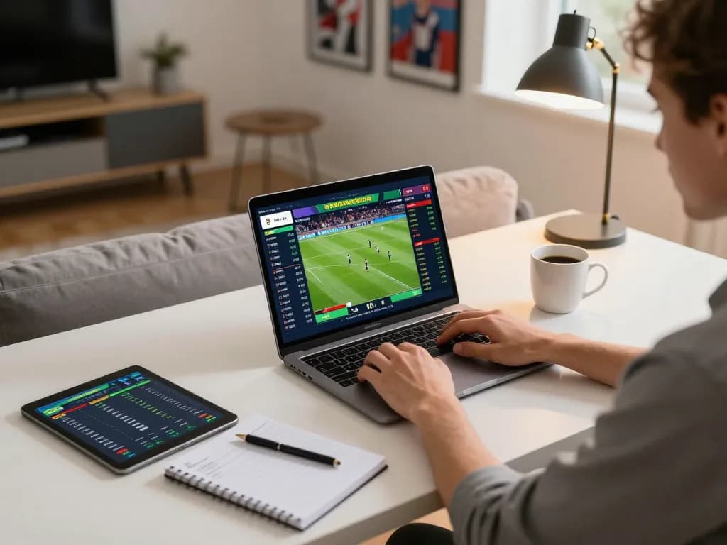 Engaging scene of online sports betting with Nhà cái HO88 on a laptop showcasing live odds and strategies