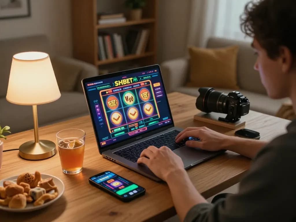 Engage in thrilling SHBET gameplay on your laptop in a comfy home setting.