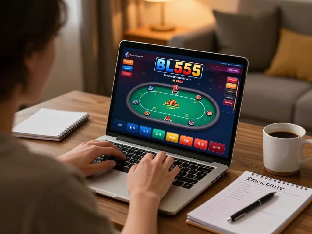 Engaged player using laptop for BL555 online games, showing strategic gameplay.