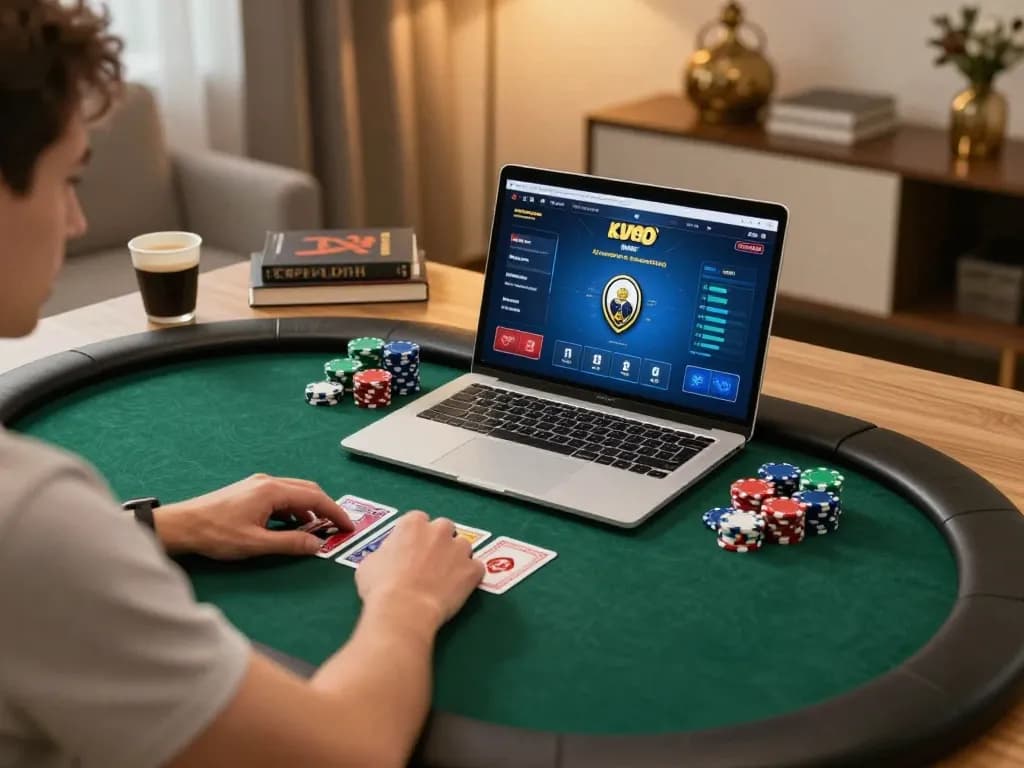 Engaging in game bài đổi thưởng on a laptop at home, showcasing poker setup with chips and cards