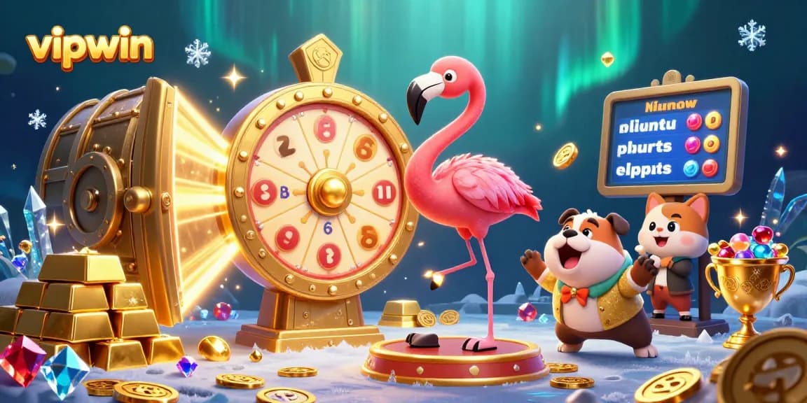Spin the giant prize wheel at vipwin to win exciting casino prizes surrounded by gold treasures.