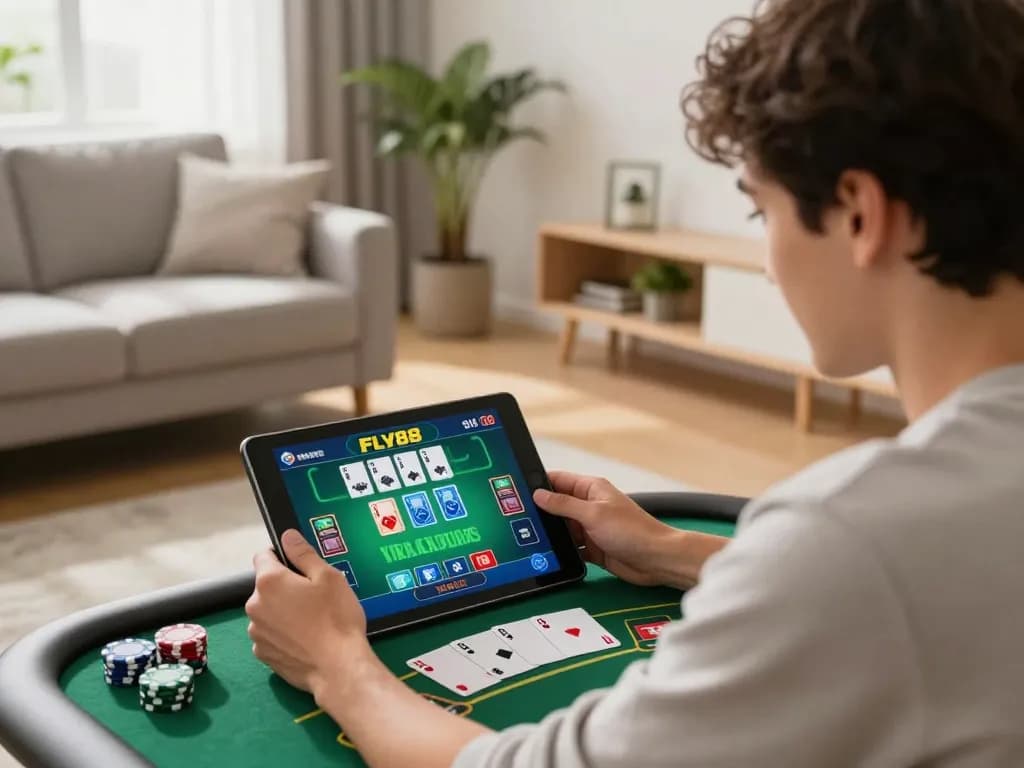 FLY88 user enjoying an exciting live dealer blackjack game at home with engaging screen and vibrant atmosphere