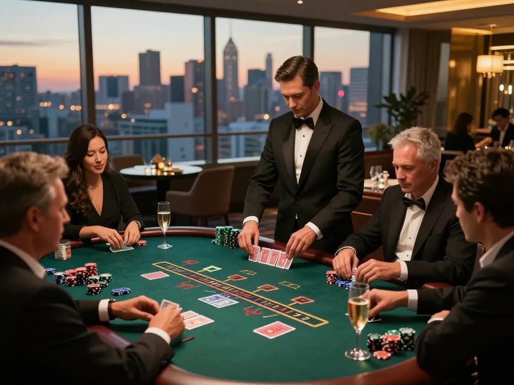 S88 blackjack players strategizing moves at upscale casino lounge with city skyline.