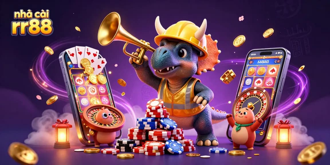 Experience gaming excitement with nhà cái rr88's vibrant casino activities and celebratory characters.