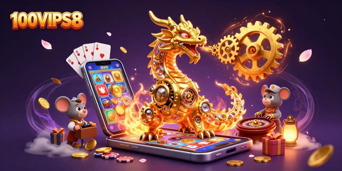 Witness 100VIPS8 as the golden dragon unleashes a cascade of winnings in a vibrant casino scene.