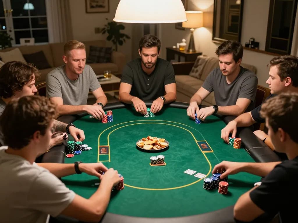 Join a thrilling poker night with friends at home, showcasing an exciting okfun com gaming atmosphere with strategic gameplay