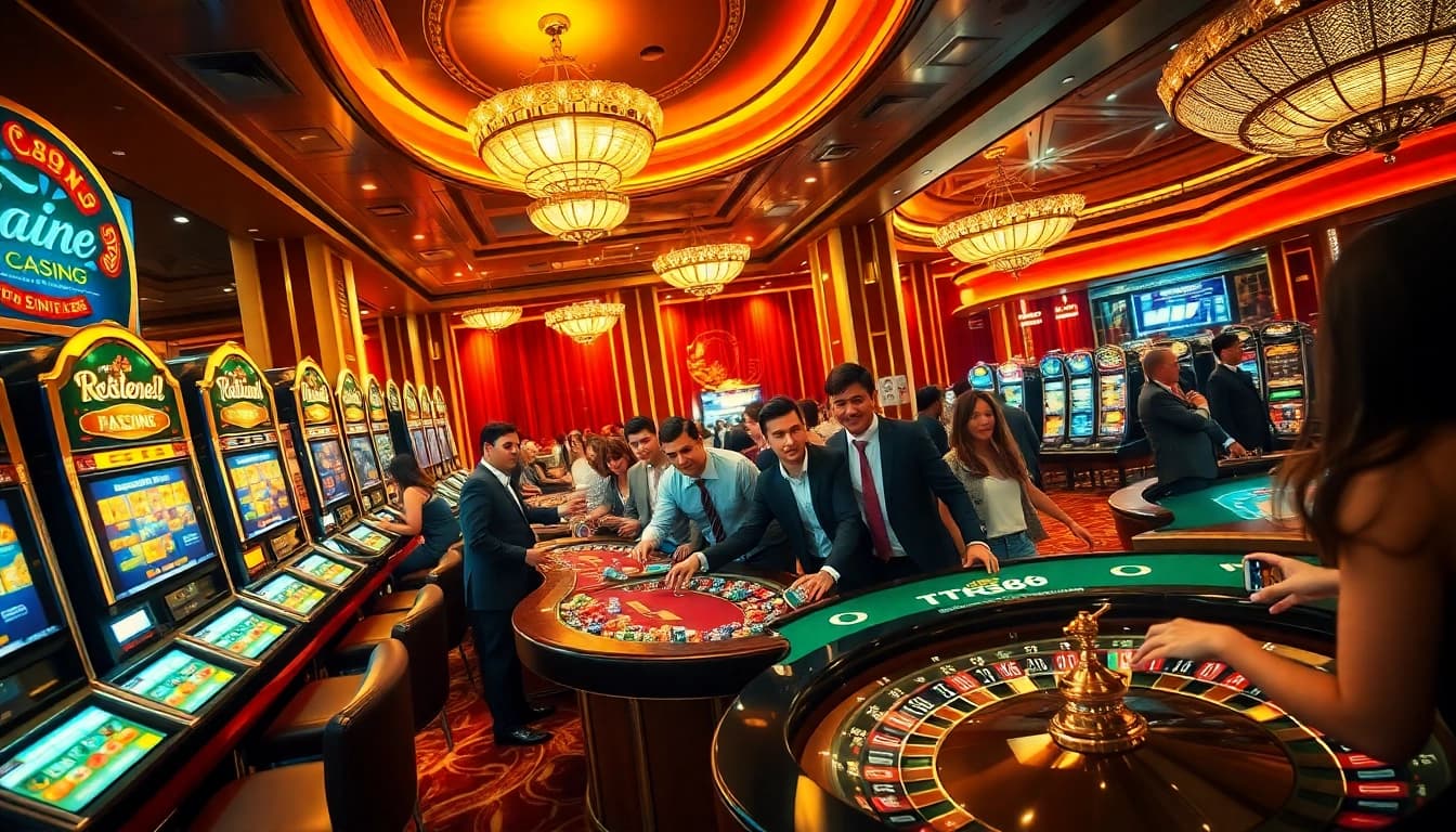 Experience the excitement of gambling at https://tr88.autos/ with vibrant casino scenes featuring slot machines and poker tables.