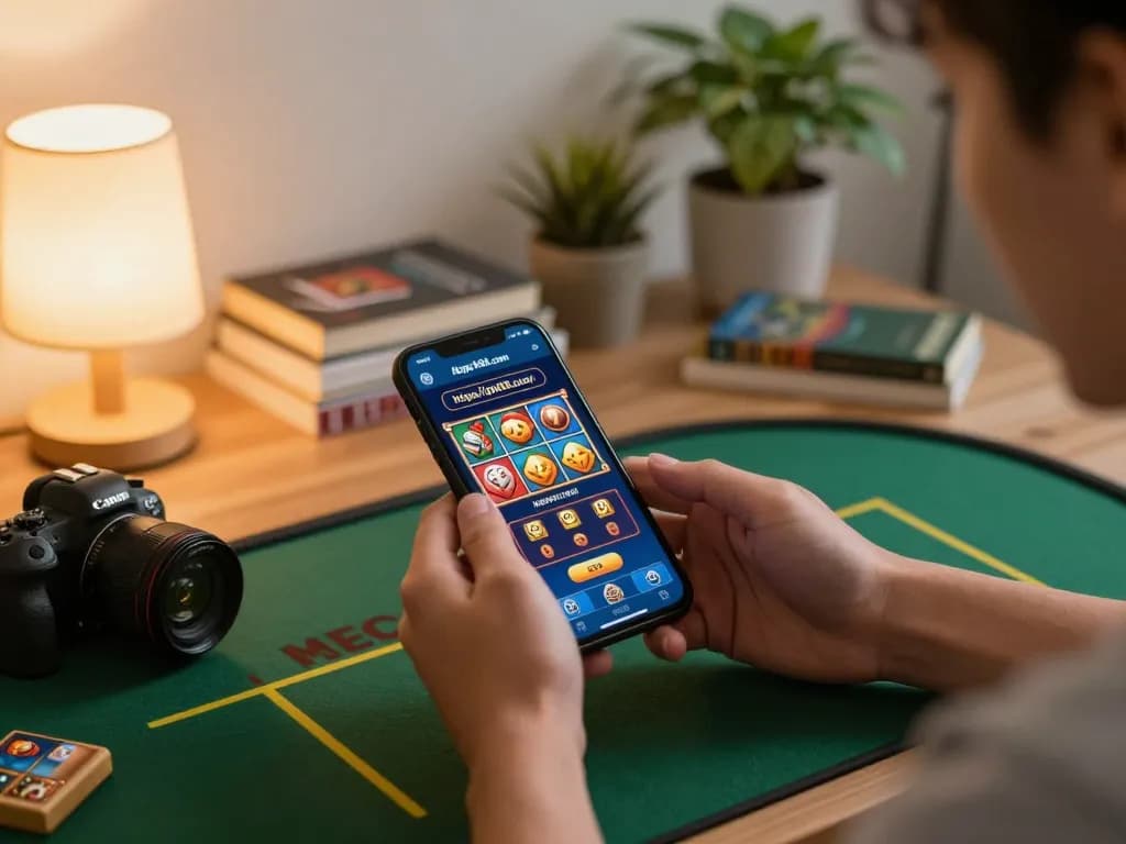 Engaging mobile gaming moment on https://gnk88.com/ with player using casino app on smartphone.
