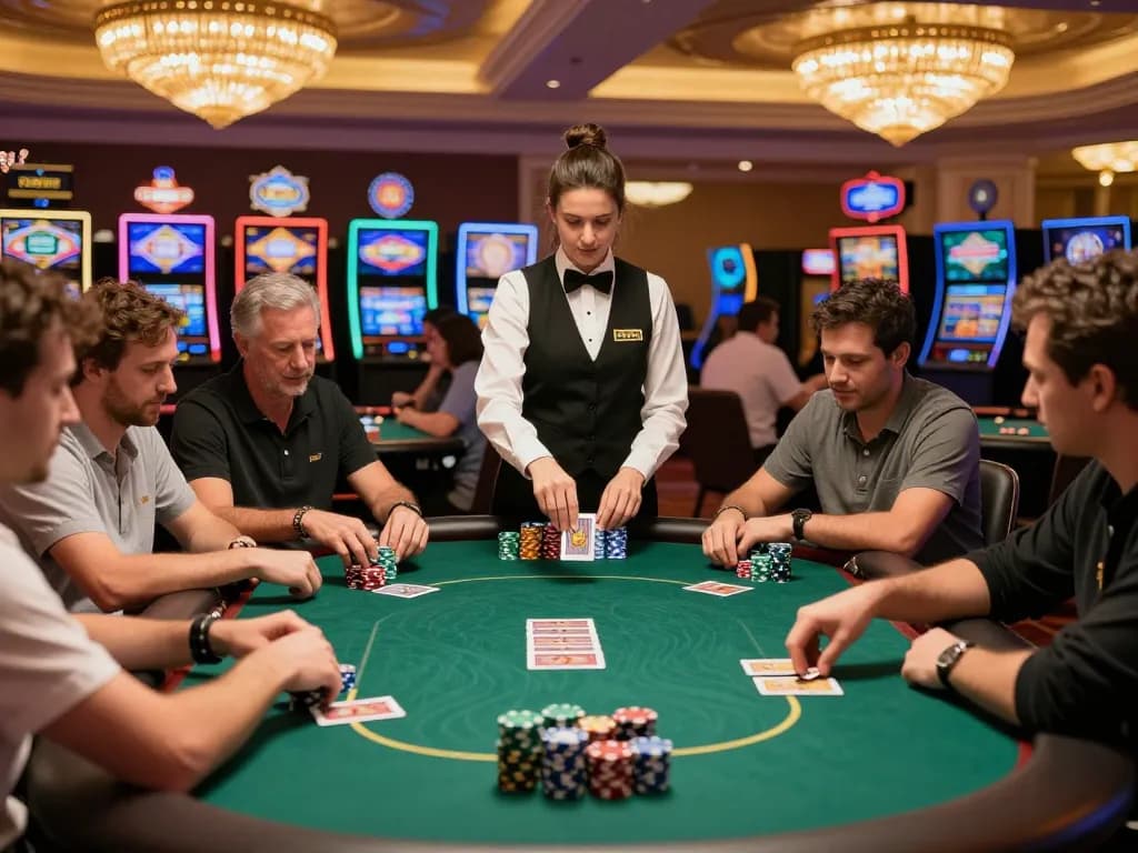 Players strategizing at a poker table in a luxurious casino setting, featuring sunwin20 chips.