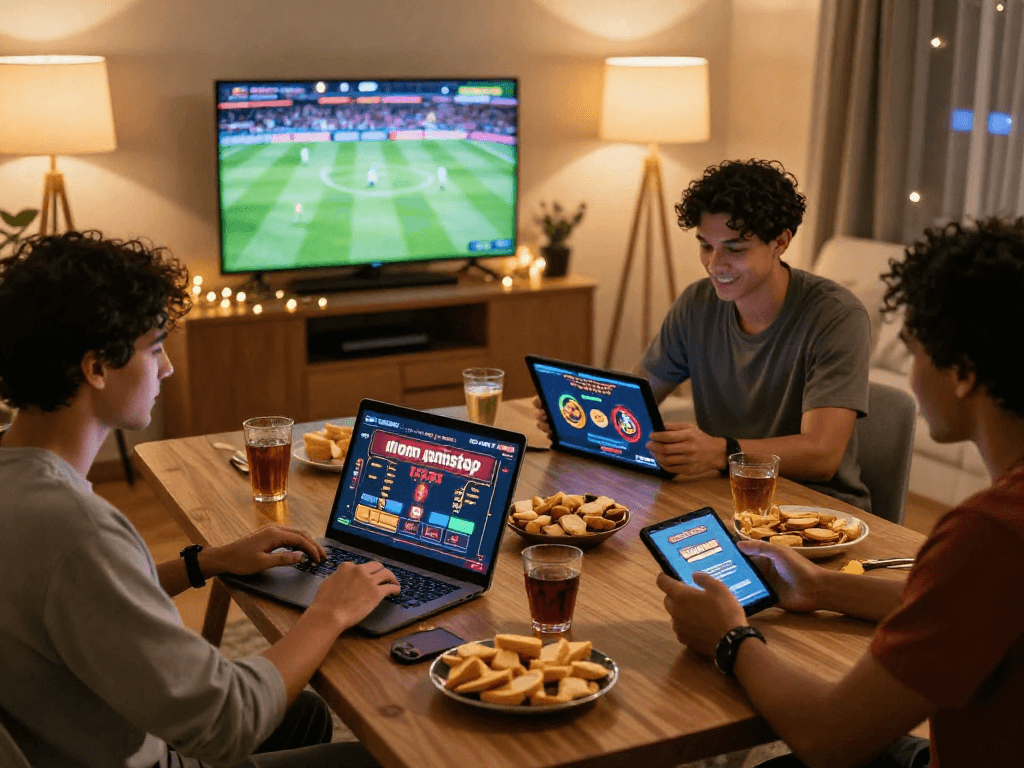 Friends enjoying gaming night exploring non gamstop casinos on devices, relaxed atmosphere with snacks.