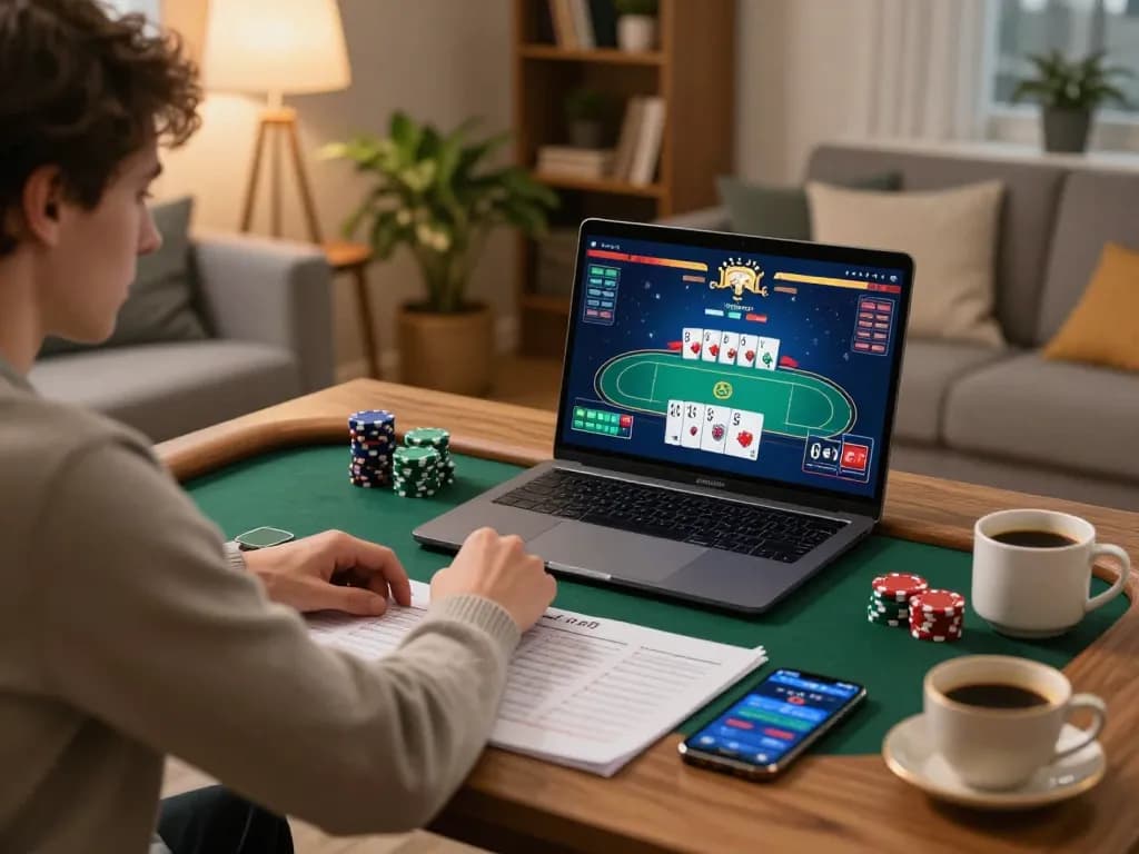 Engaged player at home focusing on online poker gameplay with 79king-vn interface displayed, warm atmosphere.