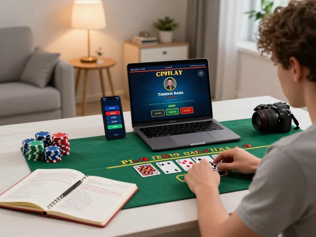MM88 player engaging in a live dealer blackjack game with laptop and betting notes.