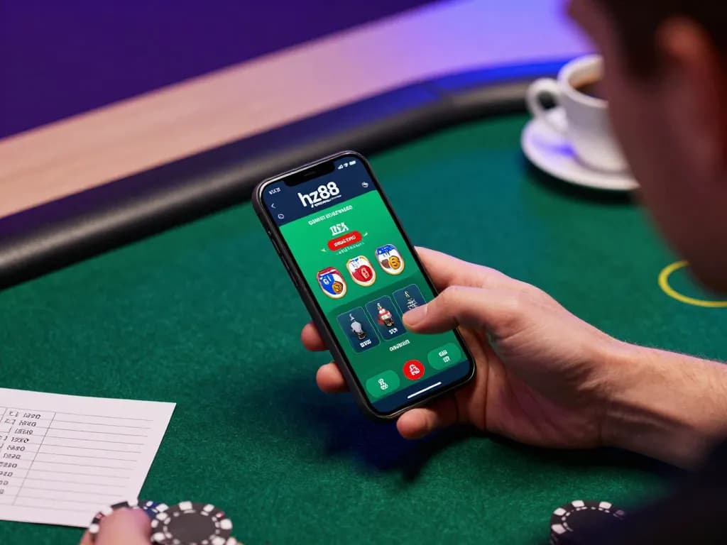 A player engaging with the hz88 mobile app for online gambling in a cozy setting