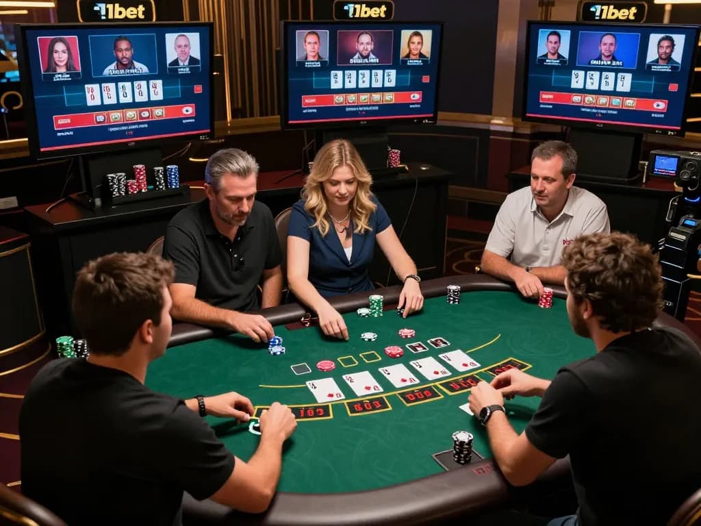 Players strategizing in an engaging live dealer game on 11bet online platform, showcasing excitement and interaction.