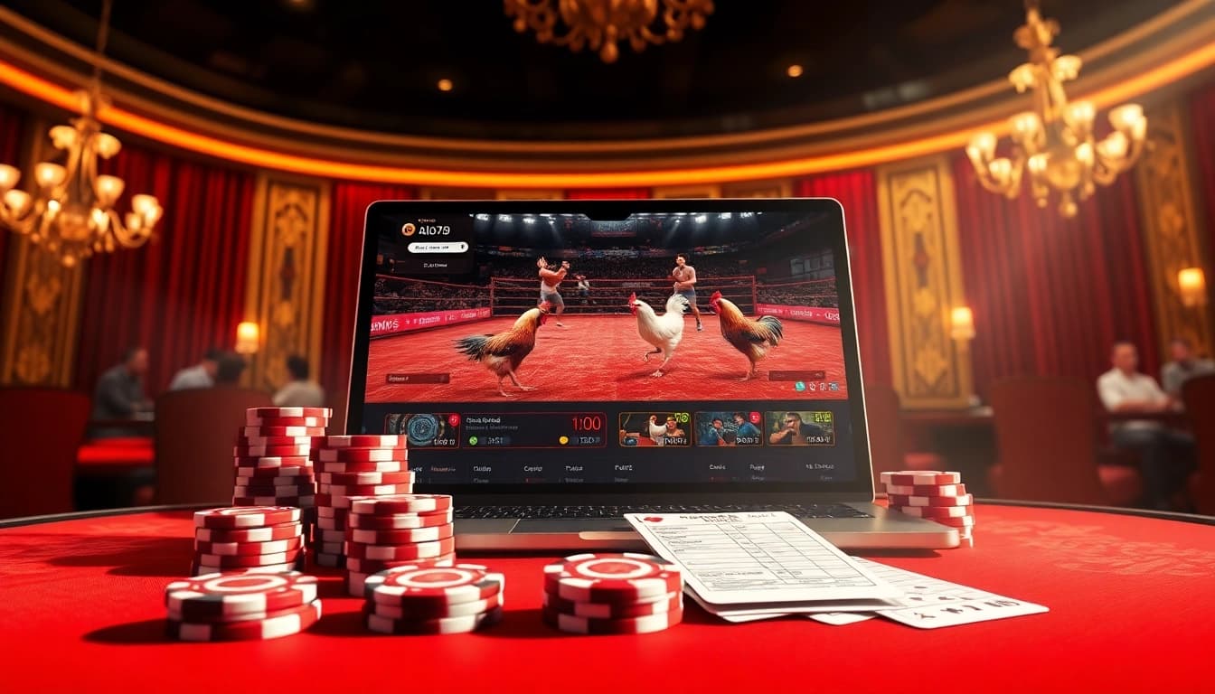 Alo789 Đá gà trực tiếp captures the excitement of live cockfighting bets in a luxurious online casino setting.