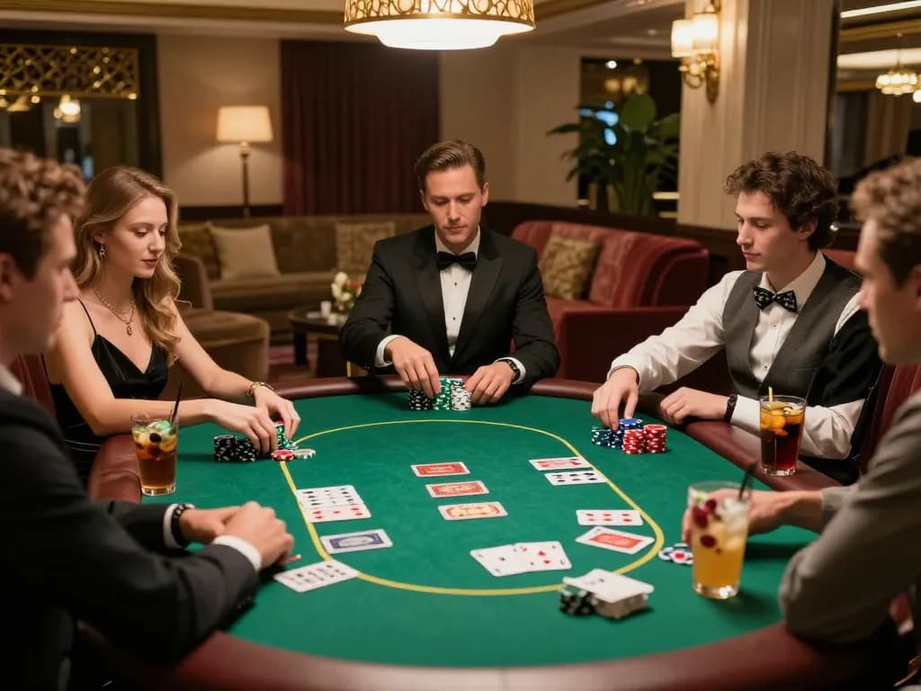 Players engaging in an exciting poker game at 789win's elegant casino lounge, showcasing strategic gameplay.
