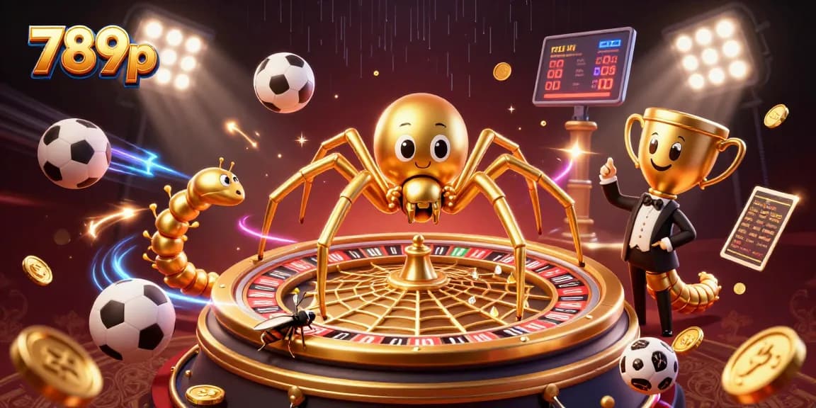 Experience the excitement at 789p with a golden spider spinning a roulette wheel web, as bets are placed in this thrilling casino scene.