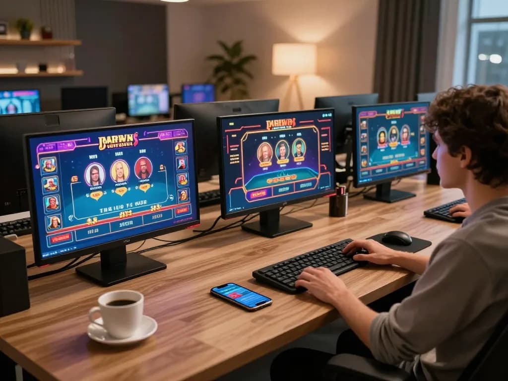 Engaging online gaming at 789WIN with multiple screens and a cozy setup promoting responsible gambling.