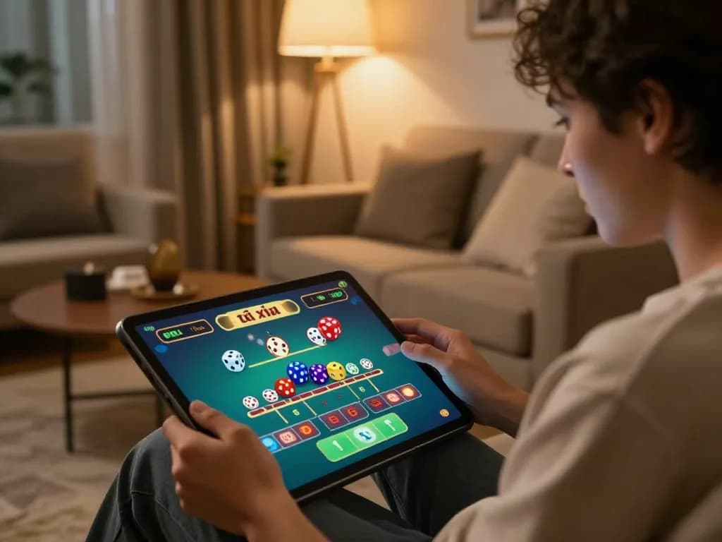 Tài Xỉu Online - Engaging gameplay on tablet with colorful dice in home setting.