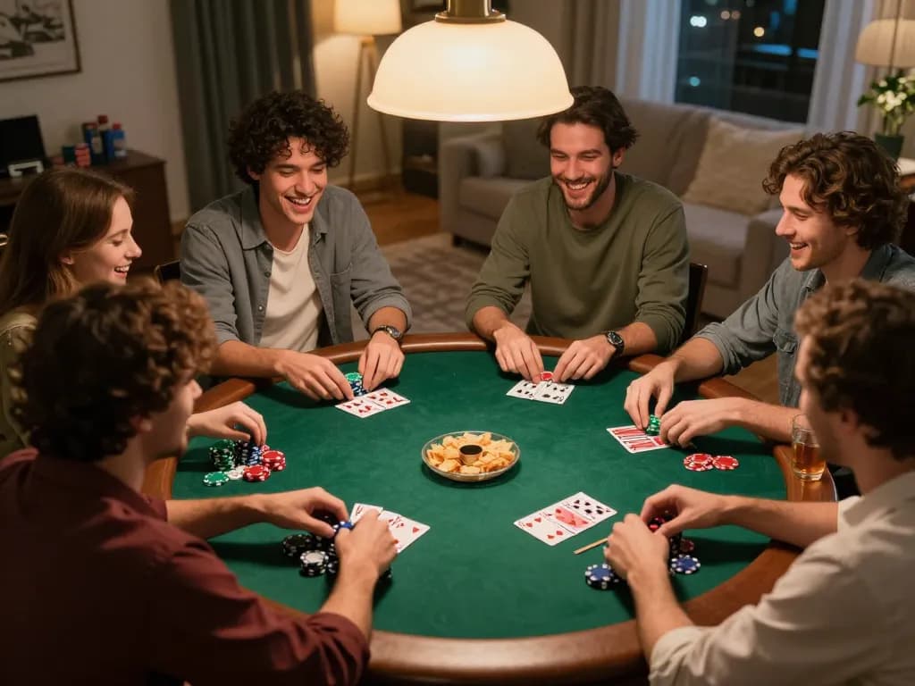 Friends strategizing during a home poker game night at dabet, with chips and cards laid out.