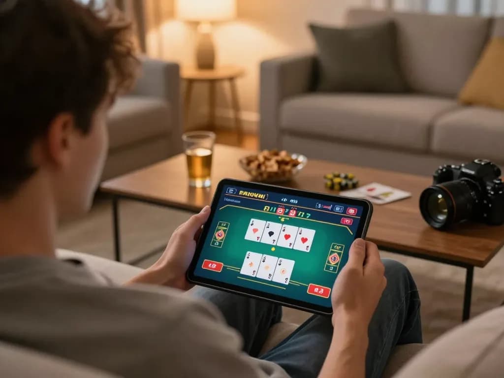 Player enjoying live poker on tablet, pg88 gaming interface visible in cozy home setup.